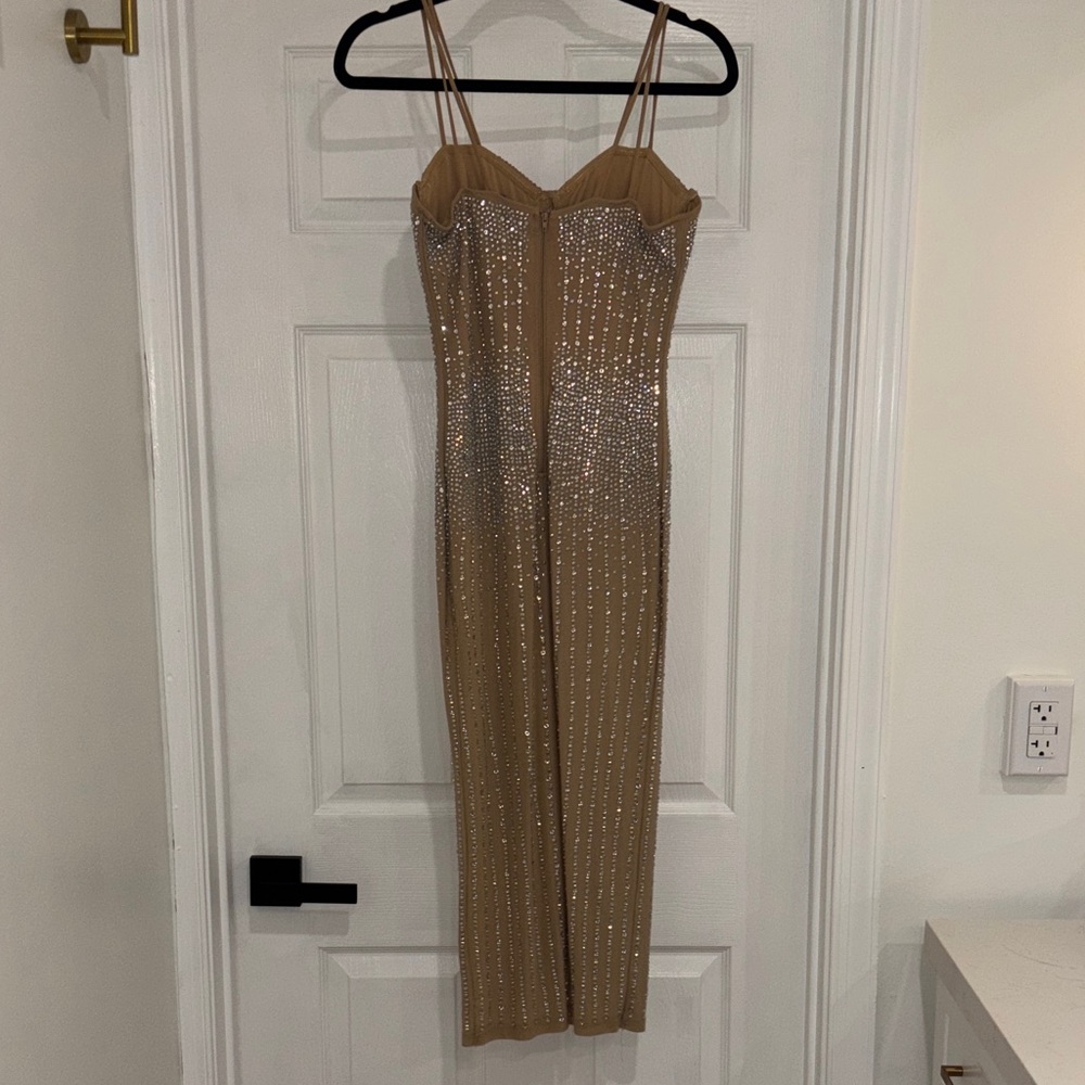 Banjul Tan Sequin Embellished double strap Dress bodysuit attached-sheer bottom - Picture 8 of 16